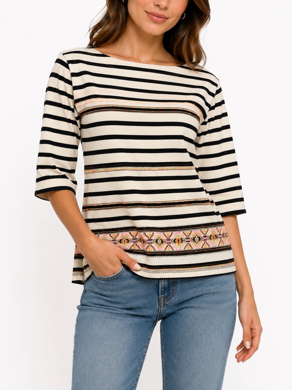 J. Crew Cream & Black Striped Boatneck Top with Embroidered Hem Size XS
